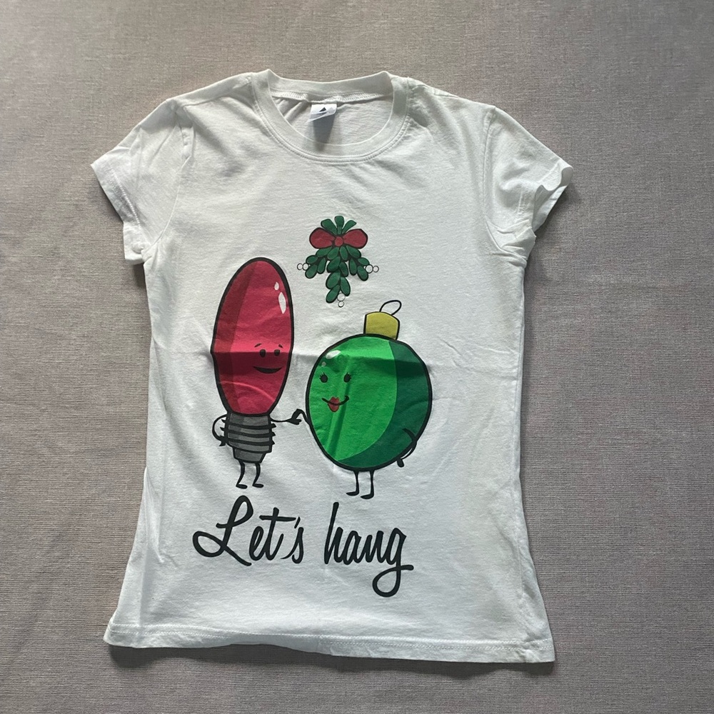 QH white cotton graphic whimsical slogan Christmas tee shirt.